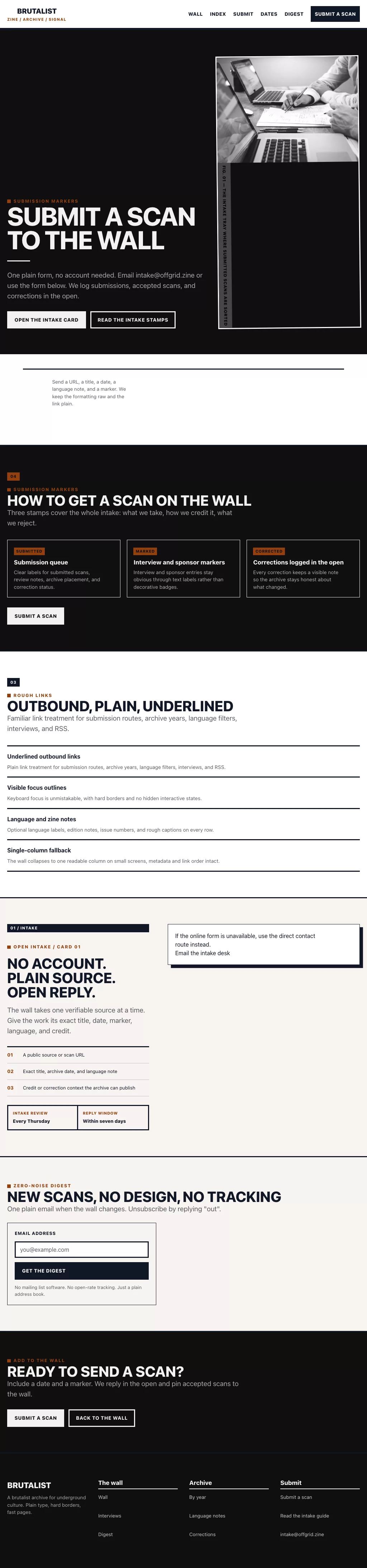 Brutalist Theme screenshot showing brutalist contact form — tablet.