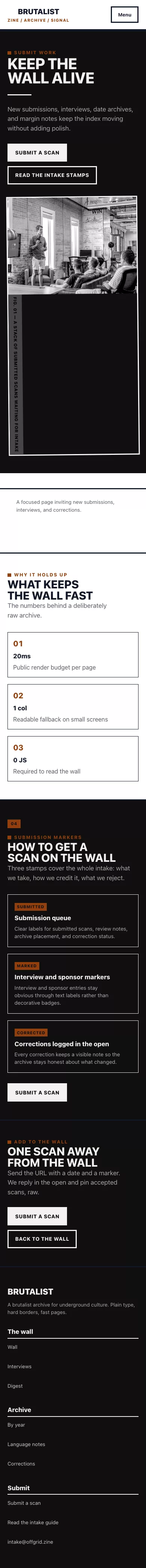 Brutalist Theme screenshot showing brutalist call to action — mobile.