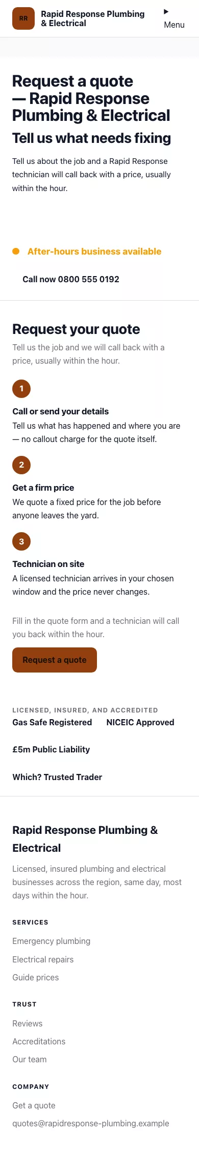 Business Theme screenshot showing business contact form — mobile.