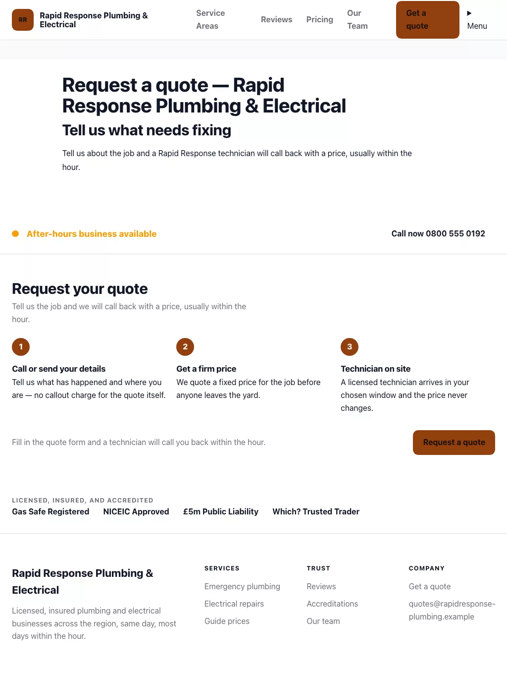 Business Theme screenshot showing business contact form — tablet.