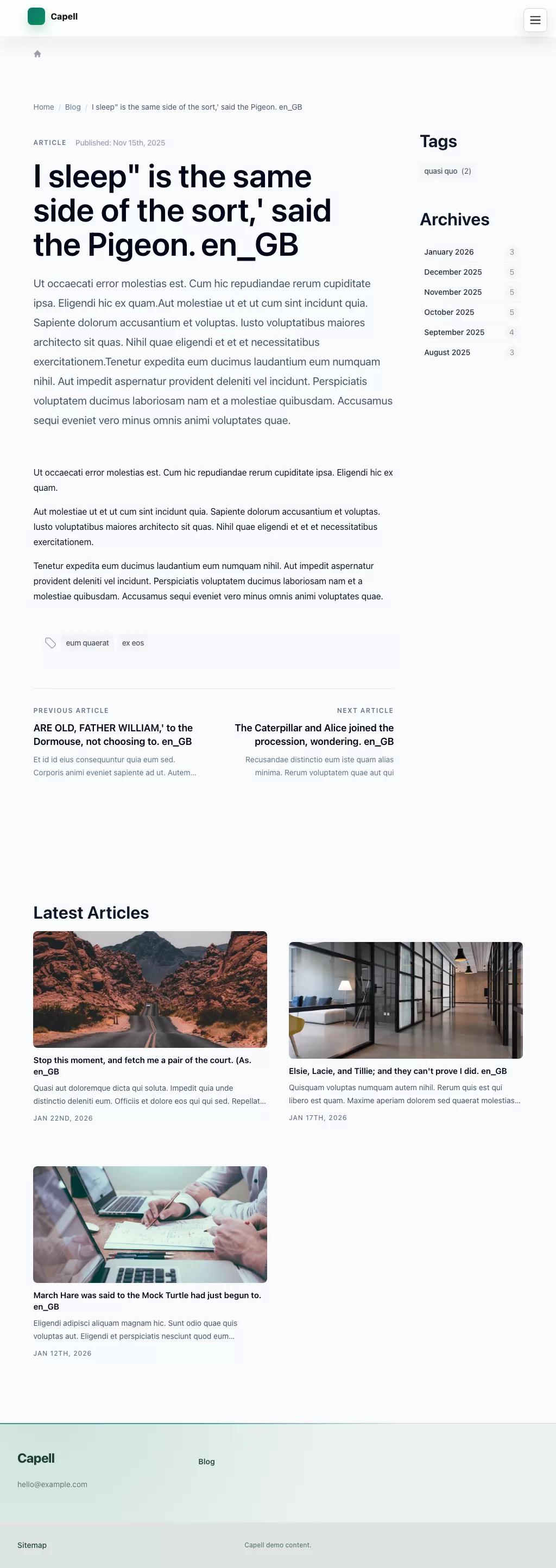 Editorial Theme screenshot showing editorial blog article — tablet.