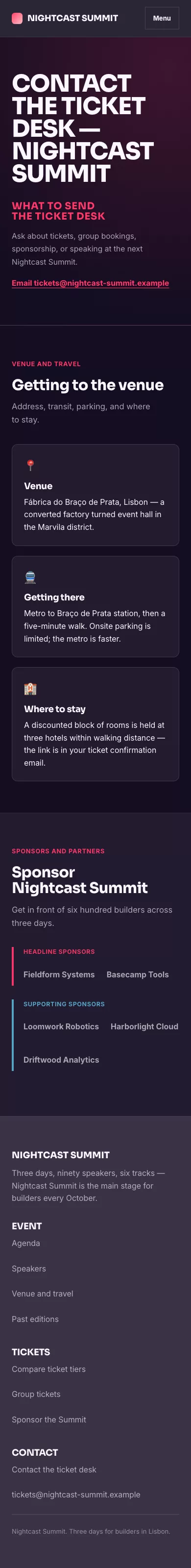 Events Theme screenshot showing events contact — mobile.