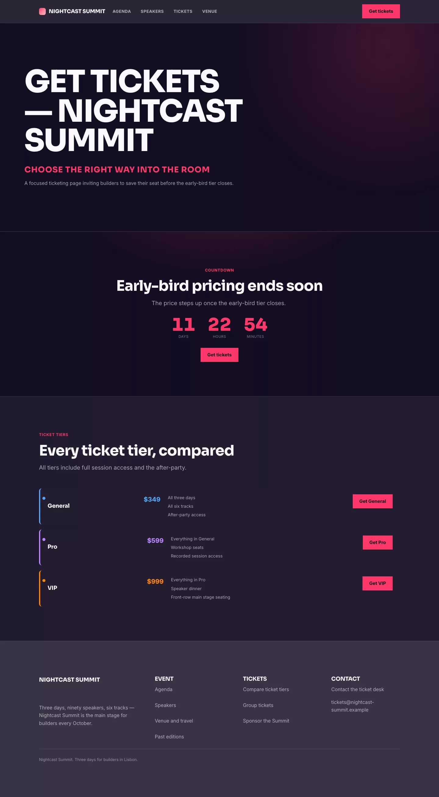 Events ticket call-to-action page