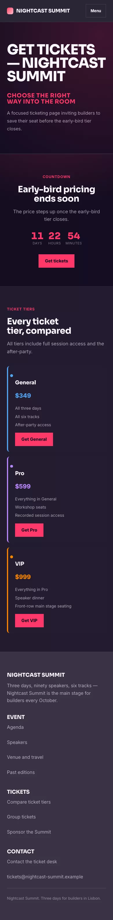 Events Theme screenshot showing events ticket cta — mobile.