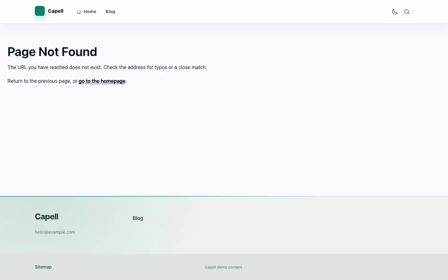 Foundation Theme not-found page with navigation recovery actions.