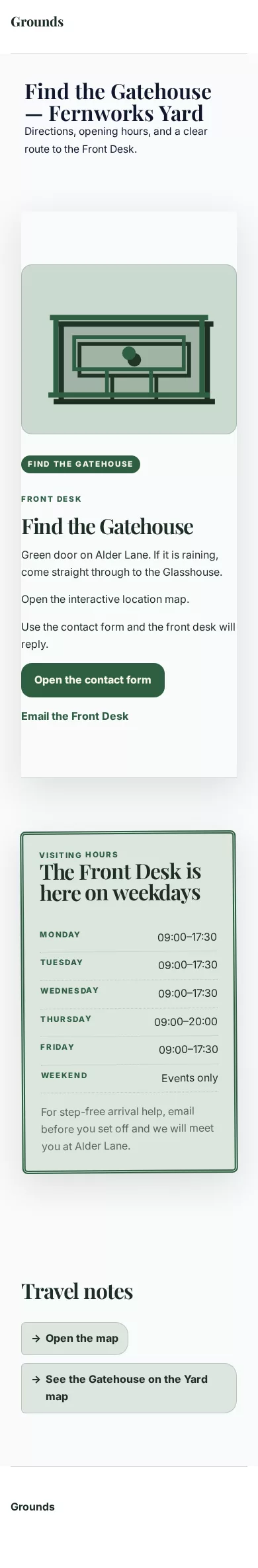 Grounds Theme screenshot showing grounds contact — mobile.