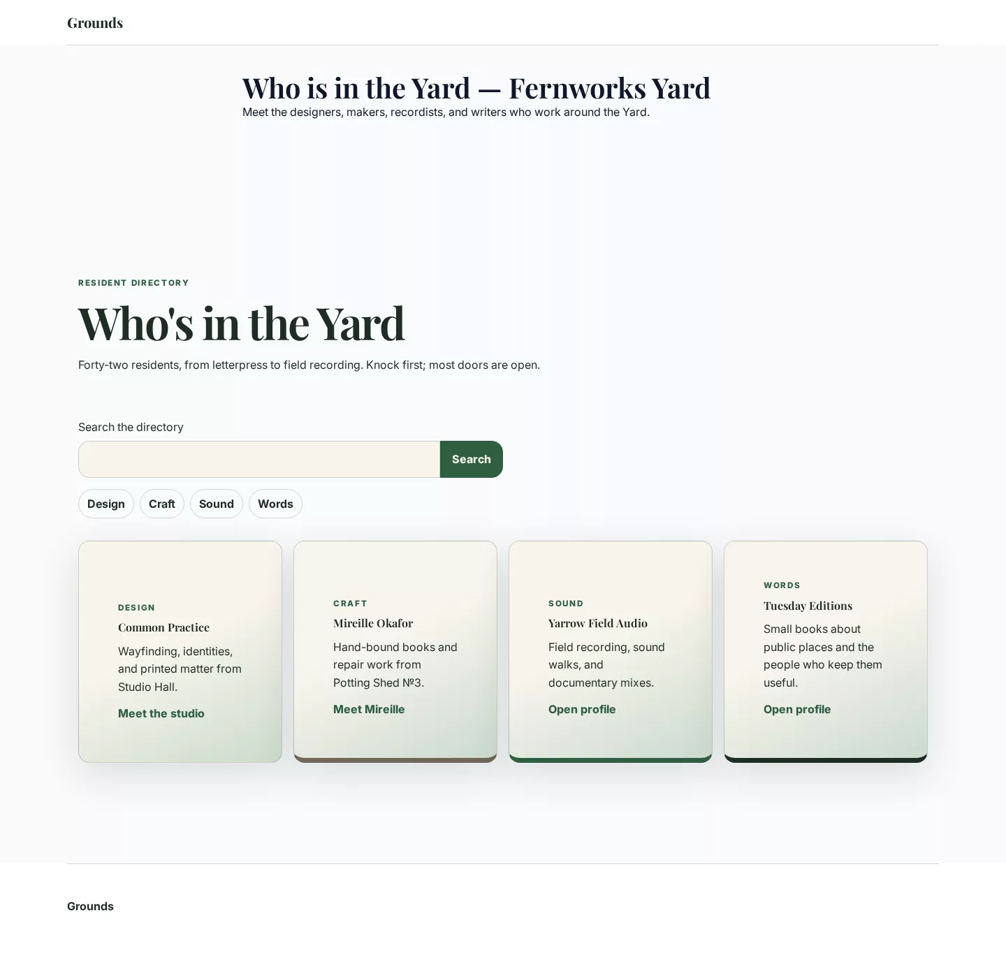 Fernworks Yard resident directory with terrain cards and category filters