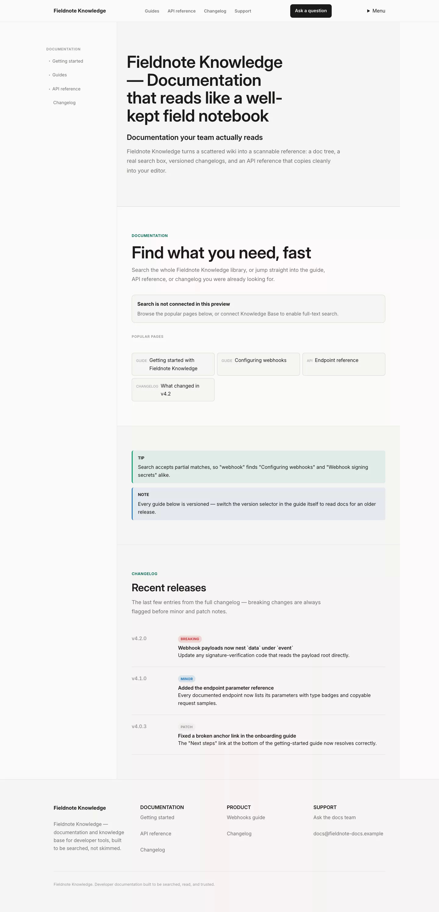 Theme Knowledge homepage with documentation navigation and featured guidance.