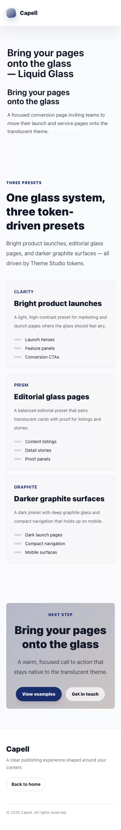Liquid Glass Theme screenshot showing liquid glass call to action — mobile.