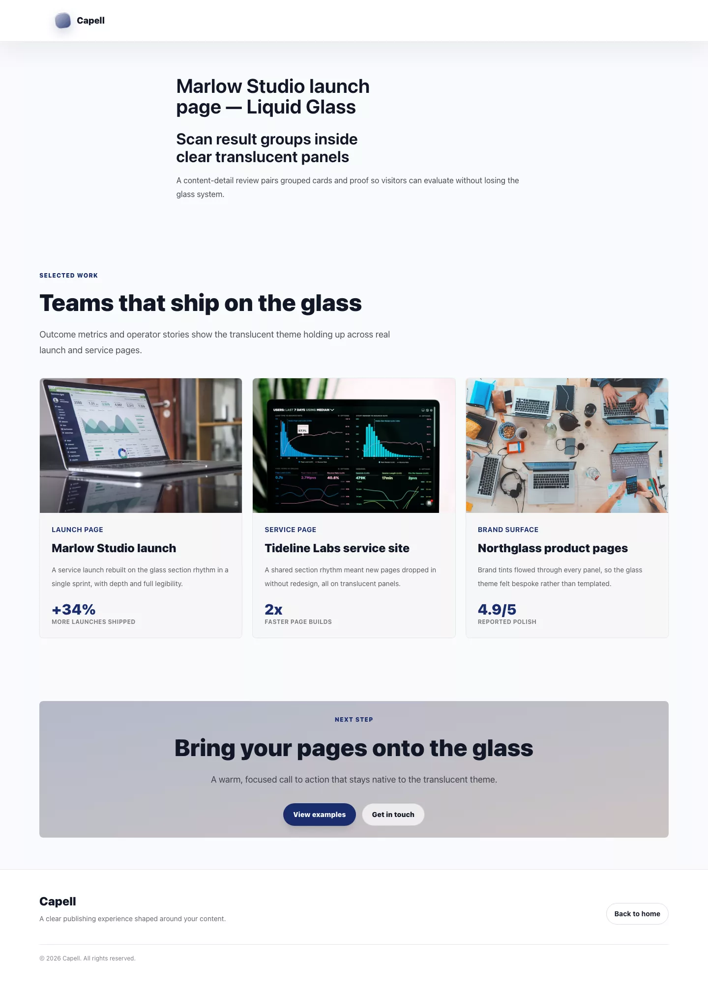 Theme Liquid Glass detail page rendered with translucent content cards.