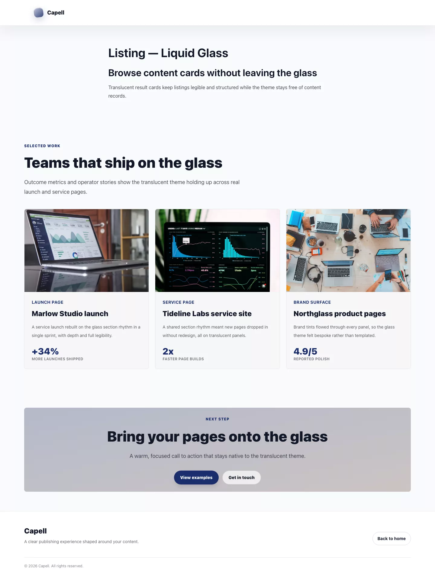 Theme Liquid Glass directory rendered with layered content cards.
