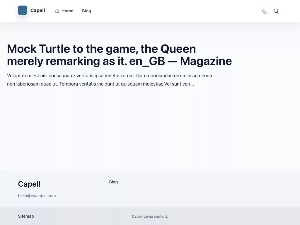 Magazine Theme screenshot showing magazine blog article — tablet.
