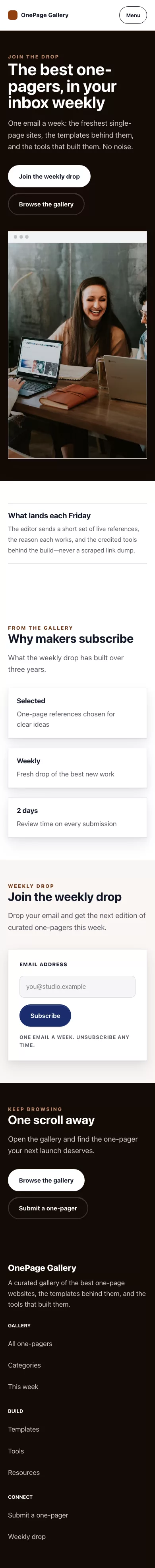 Onepage Theme screenshot showing onepage call to action — mobile.