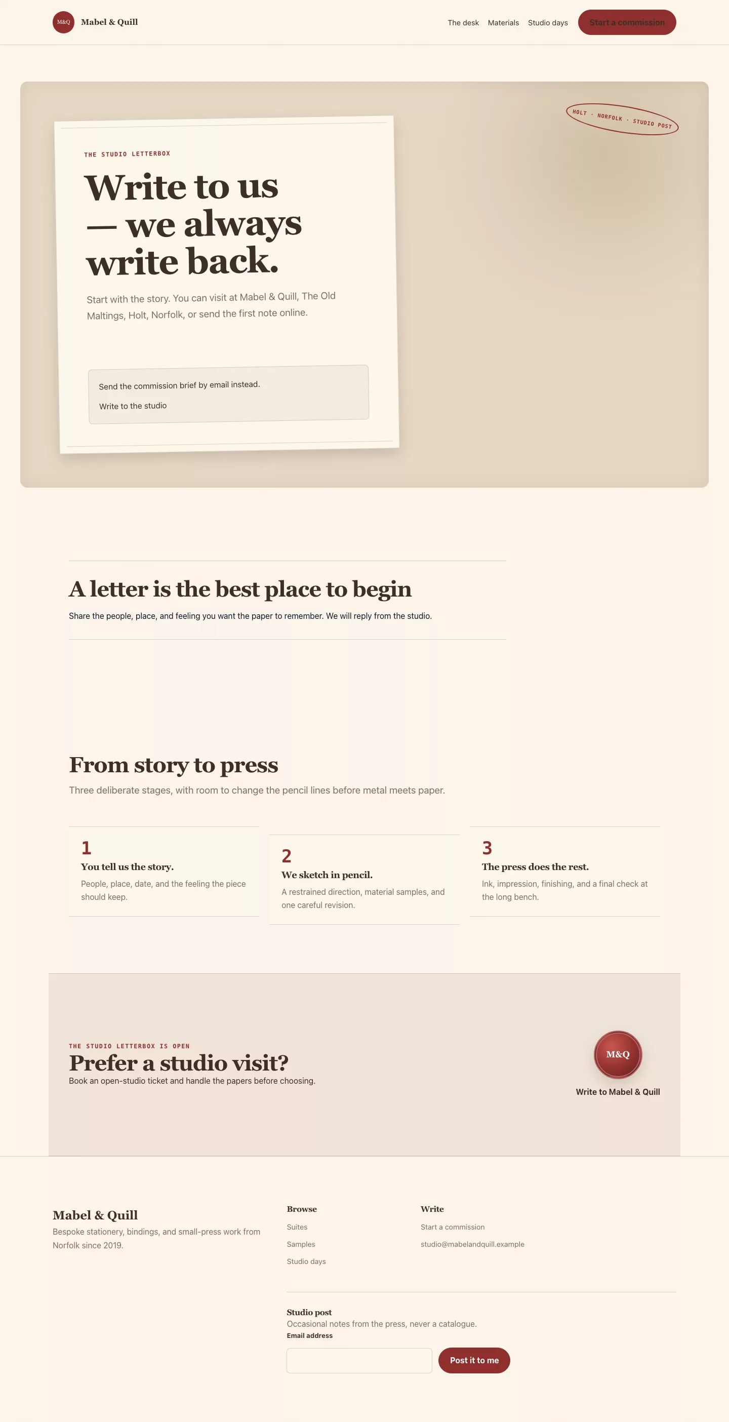 Paperdesk contact page styled as a postmarked letter