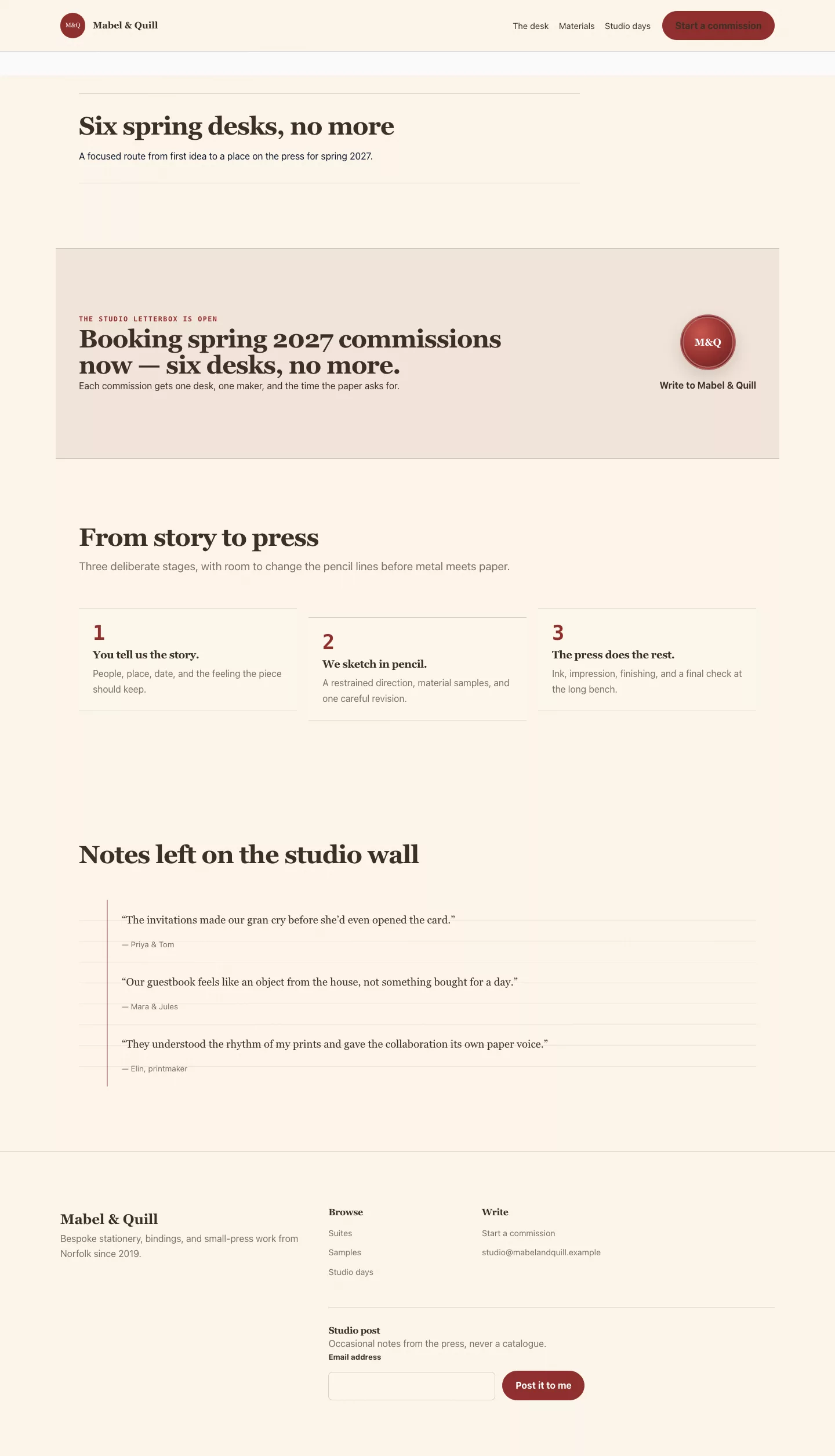 Paperdesk commission call to action with a wax seal