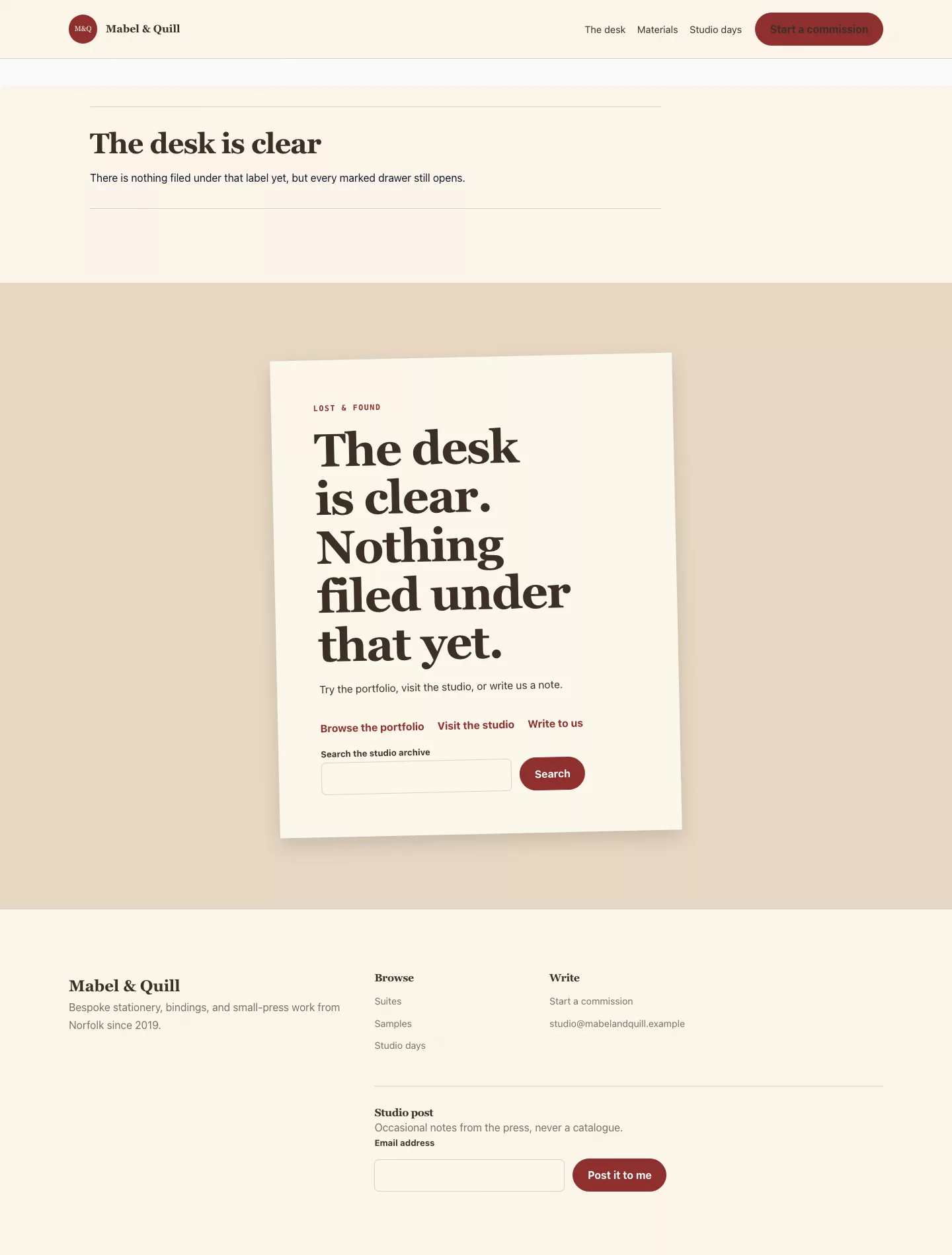 Paperdesk empty state with a lost note and recovery links