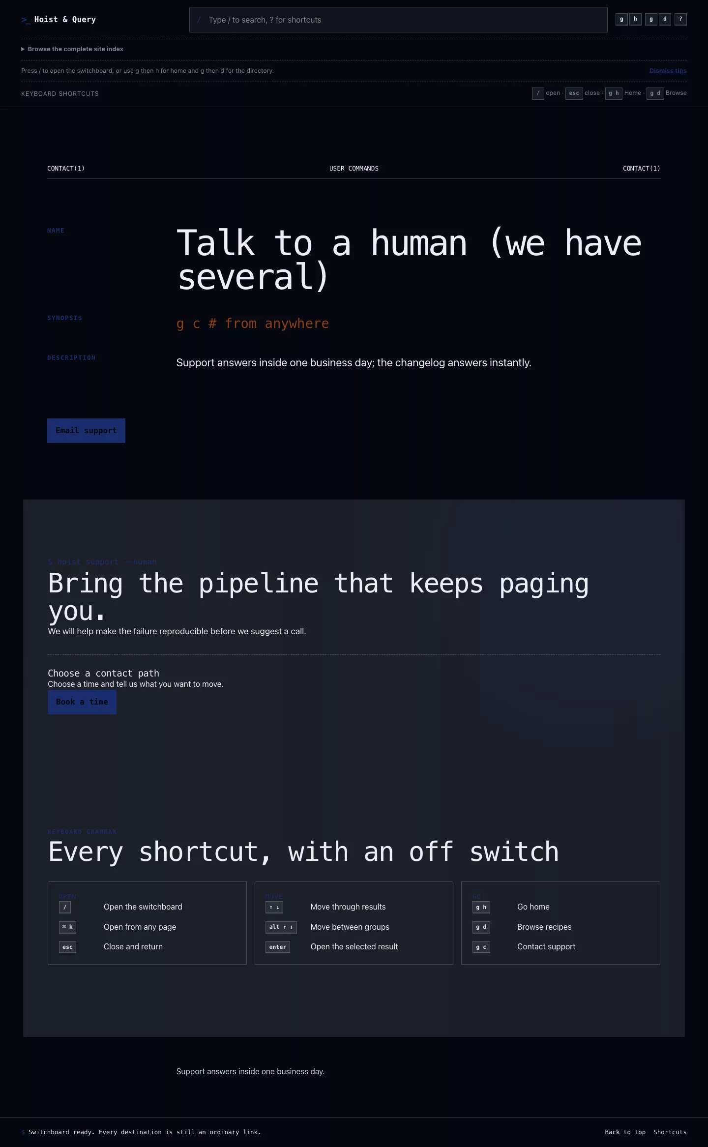 Hoist support page with contact path and keyboard reference