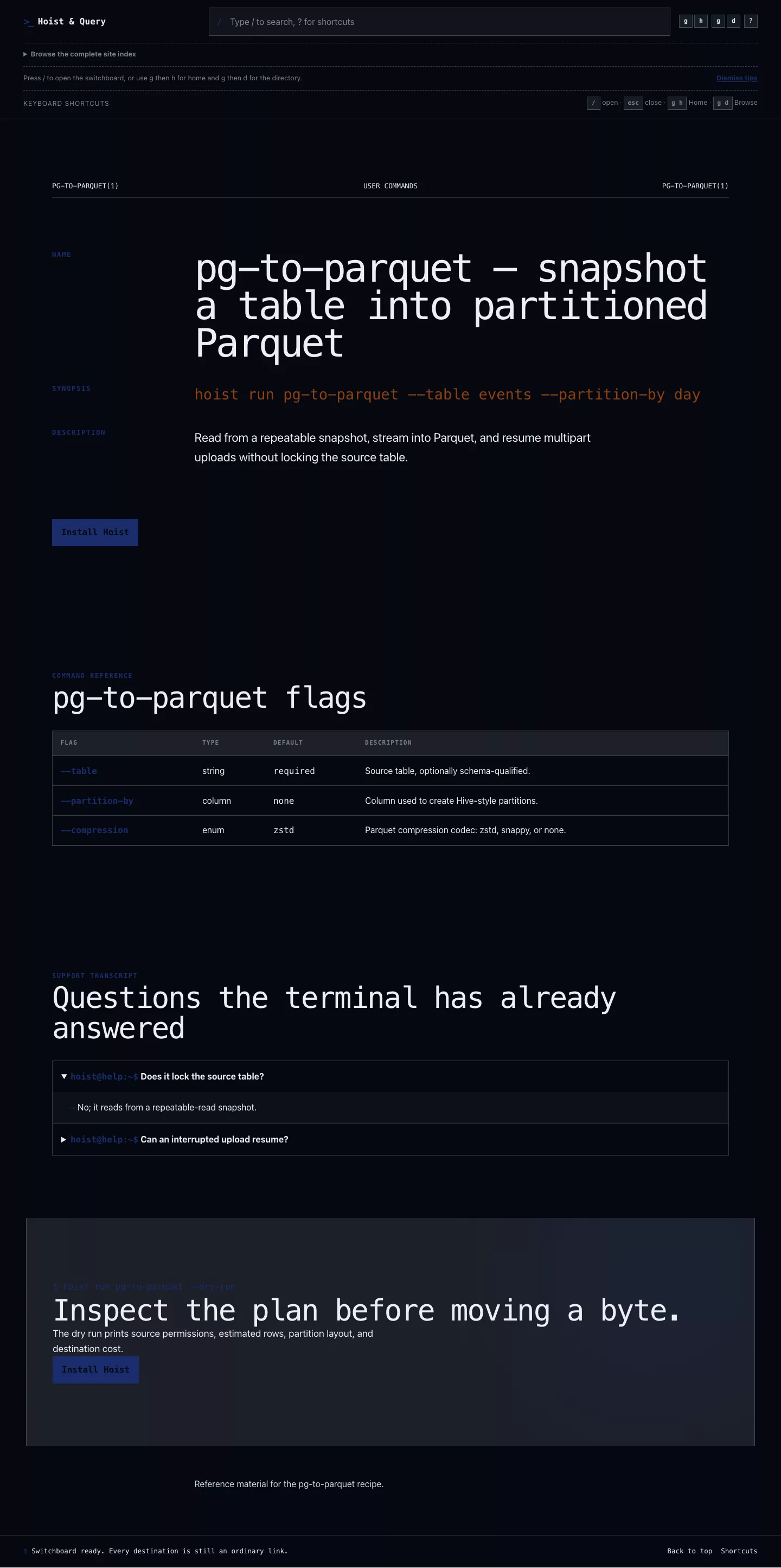 Hoist recipe reference with man-page heading and command flag table