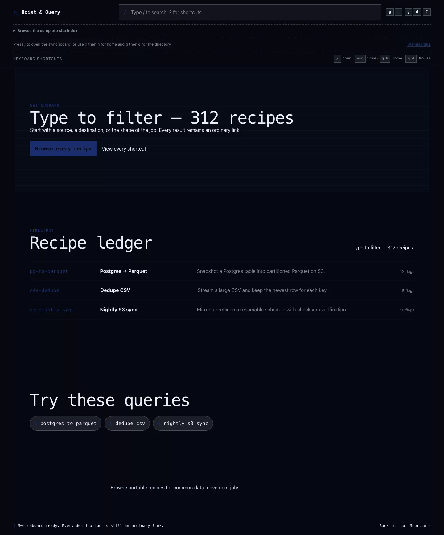 Hoist recipe library rendered as a dense ruled ledger