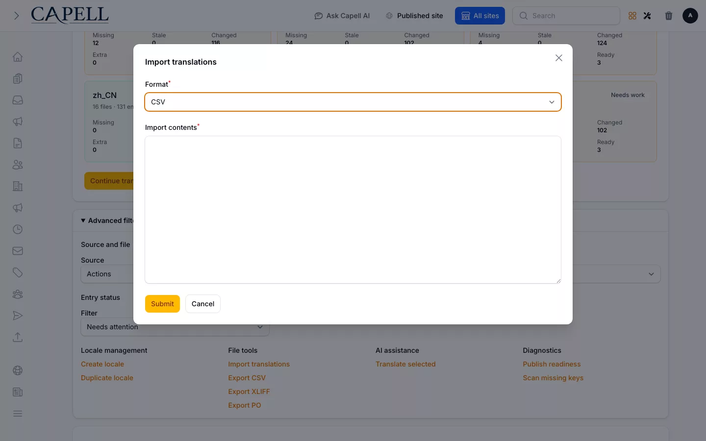 Translation Manager screenshot showing import translations modal.