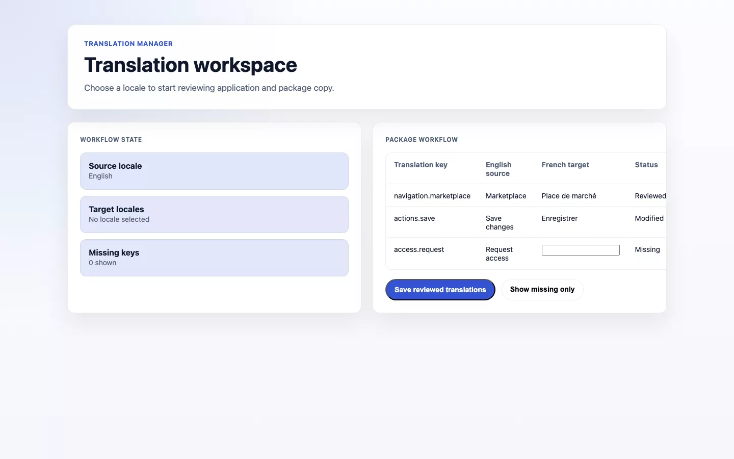 Illustrative translation Manager empty state with source and filter controls