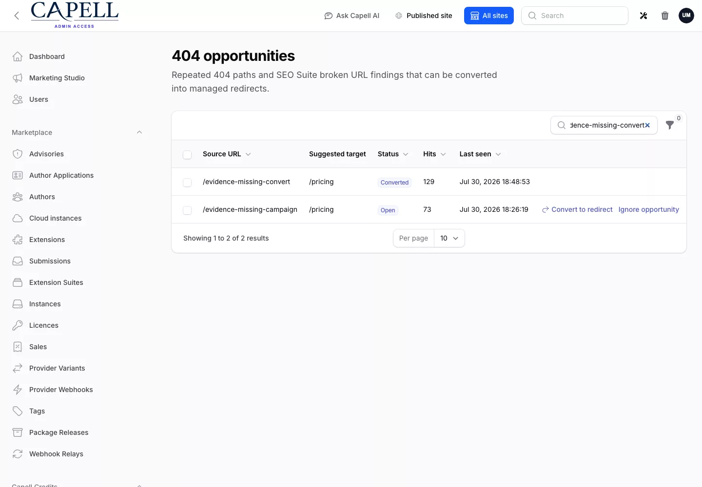 A recurring 404 opportunity converted to a managed redirect