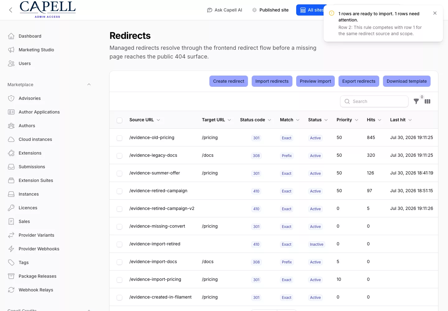 URL Manager warning that rejects a competing CSV redirect rule