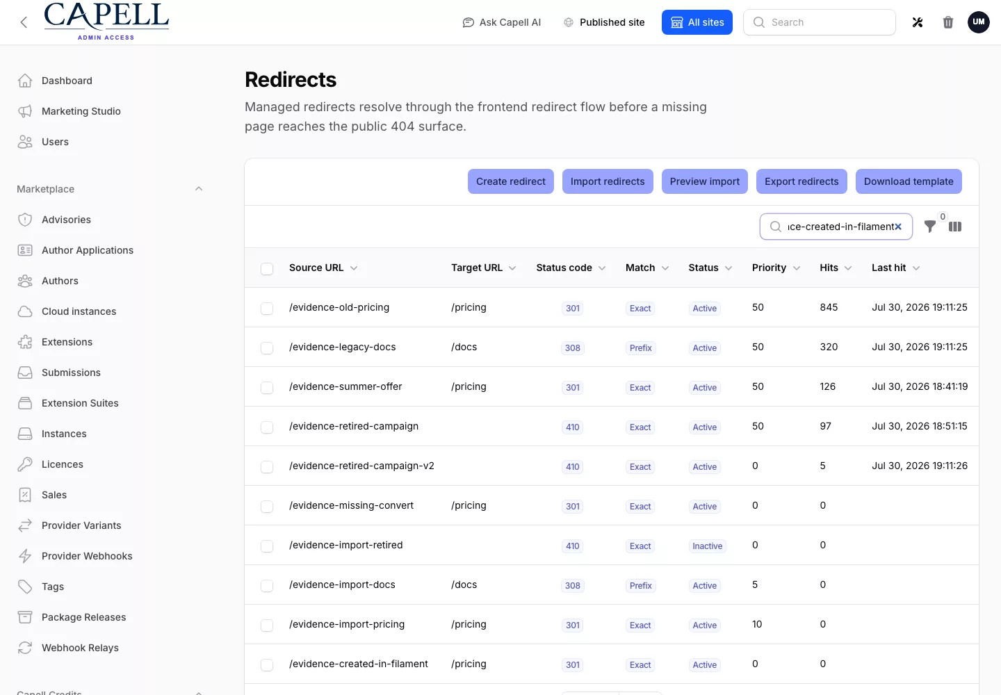 A redirect rule created through the installed URL Manager Filament admin