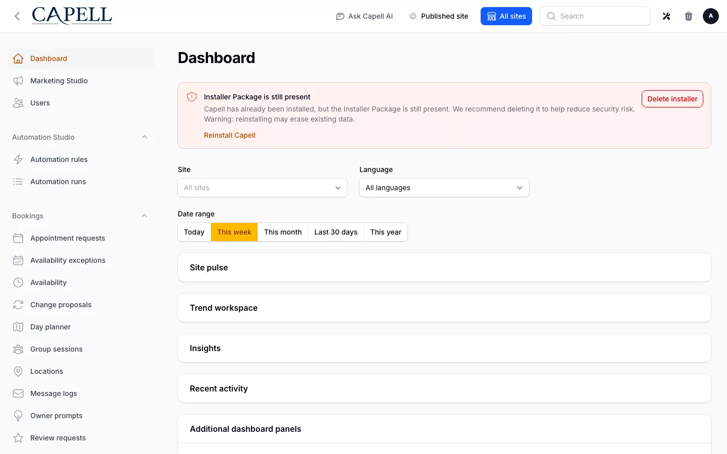 Welcome Tour screenshot showing capell admin dashboard with the welcome tour onboarding checklist with admin sidebar menu open.