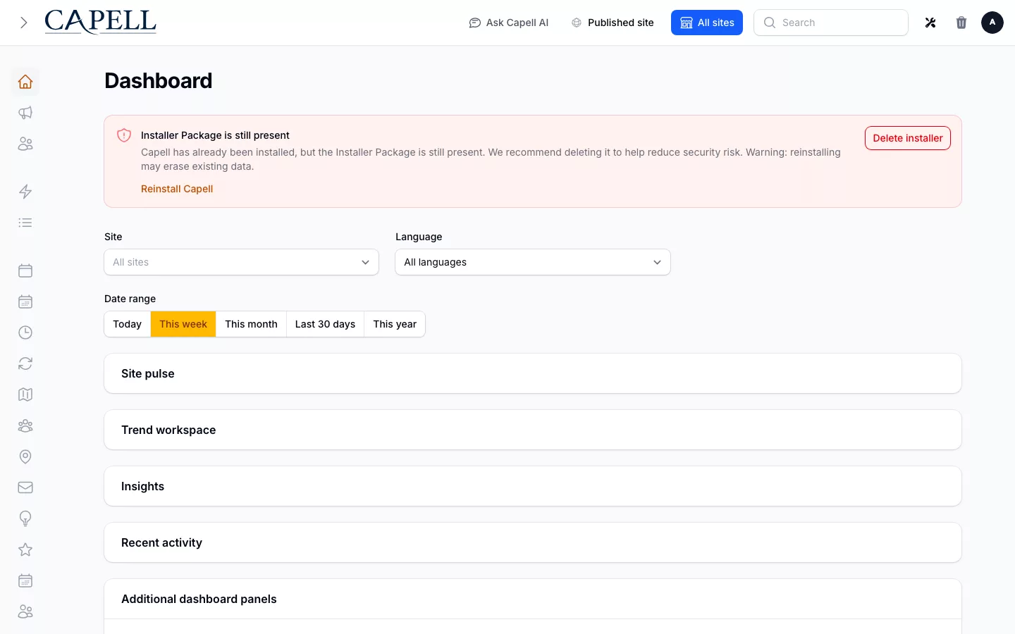Capell admin dashboard with the Welcome Tour onboarding checklist