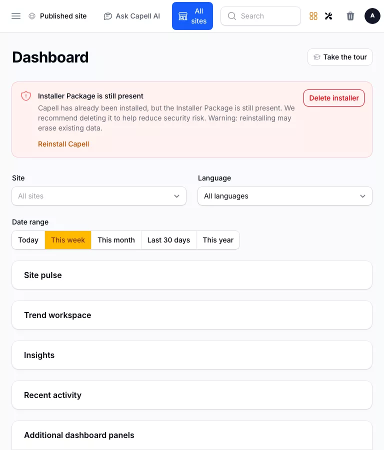 Welcome Tour screenshot showing capell admin dashboard with the welcome tour onboarding checklist.