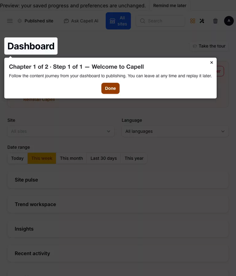 Welcome Tour screenshot showing welcome tour overlay showing the first configured onboarding step.