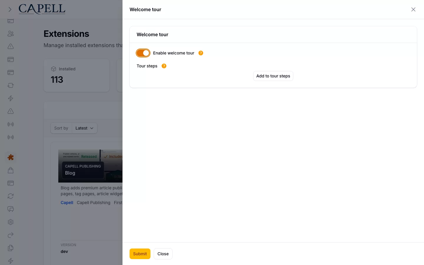 Welcome Tour screenshot showing welcome tour settings action with enabled toggle and step repeater.