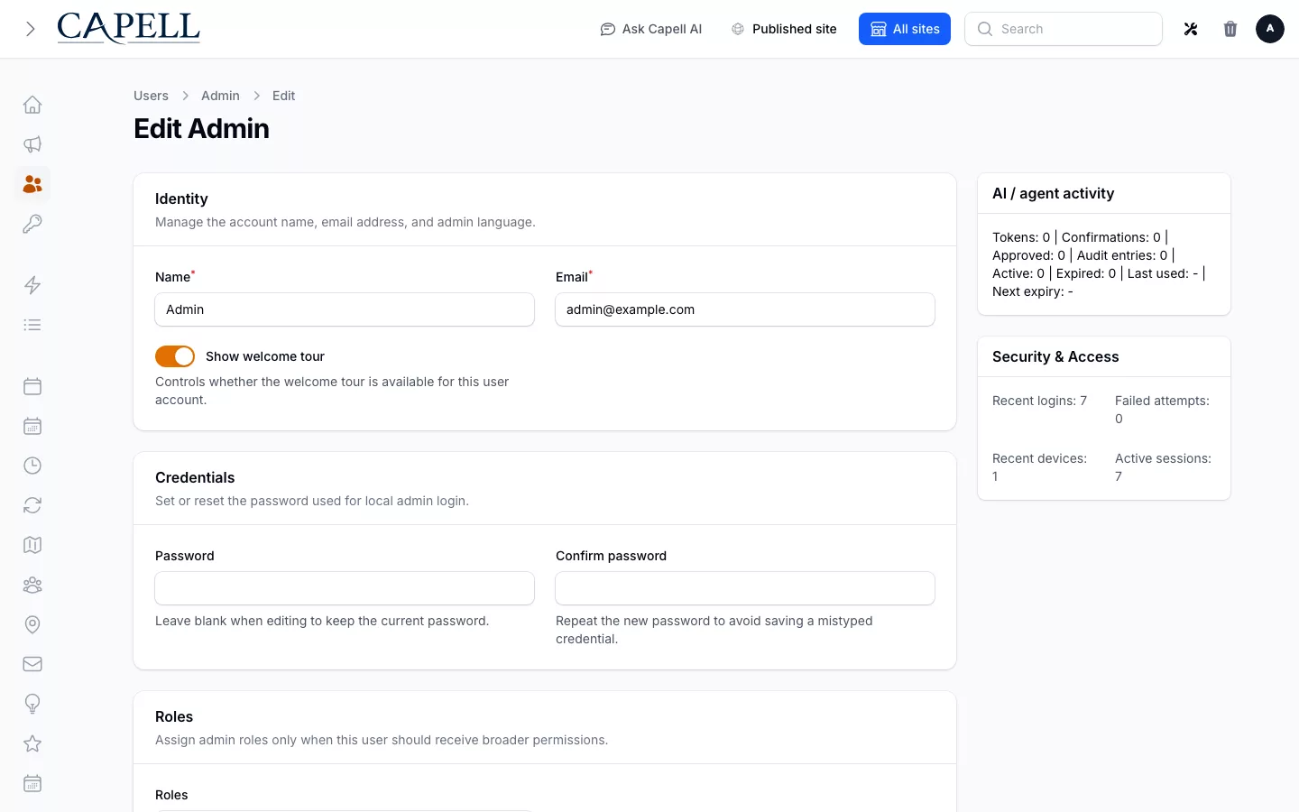 Welcome Tour screenshot showing user edit form with show welcome tour toggle.