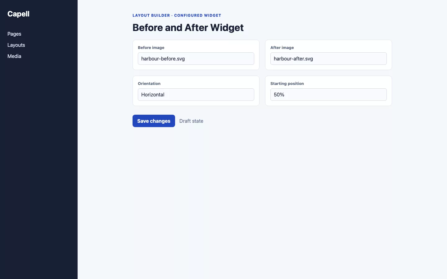 Before and After Widget screenshot showing before + after fields in layout builder.