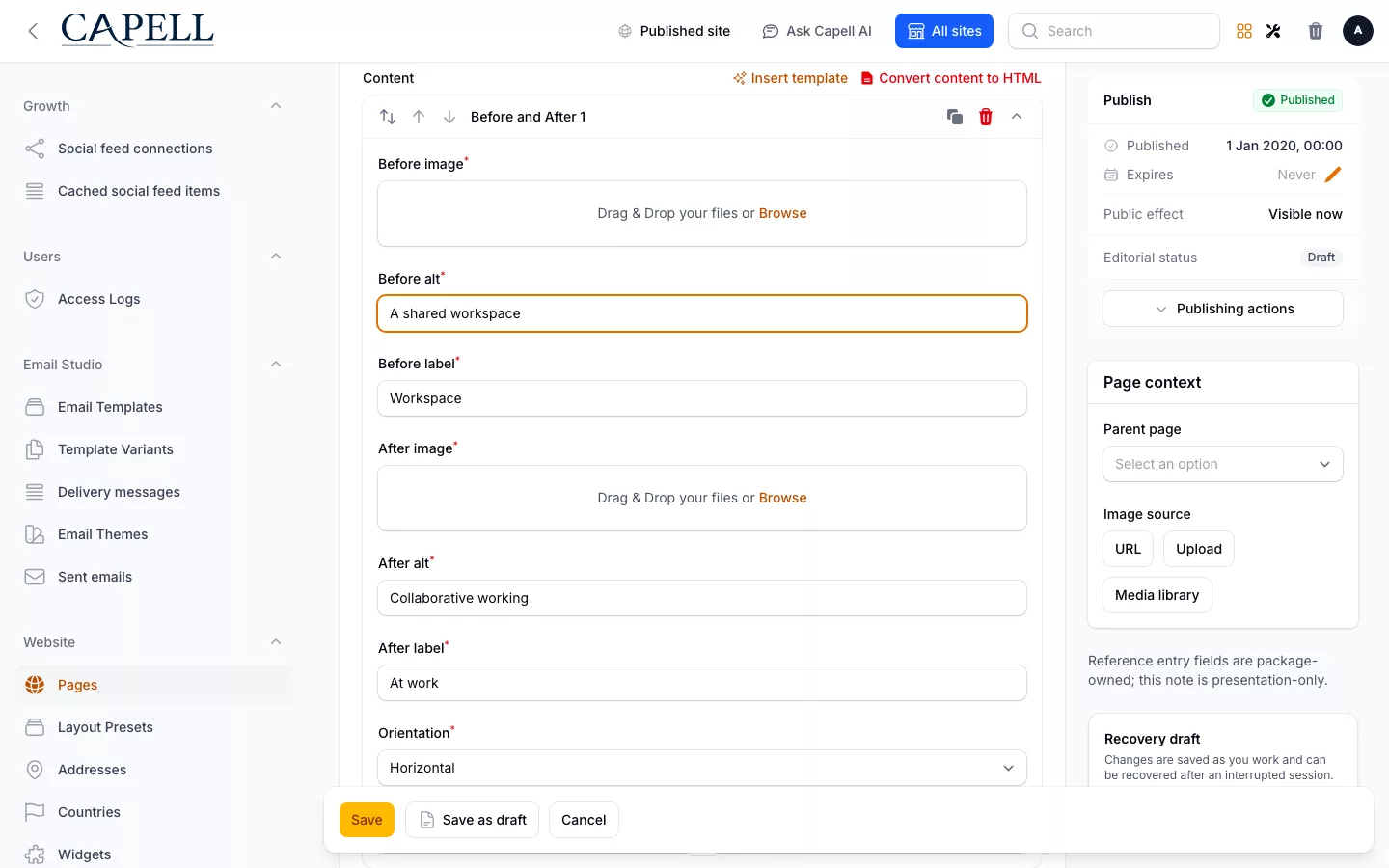 Before and After Widget screenshot showing before + after fields in layout builder with admin sidebar menu open.