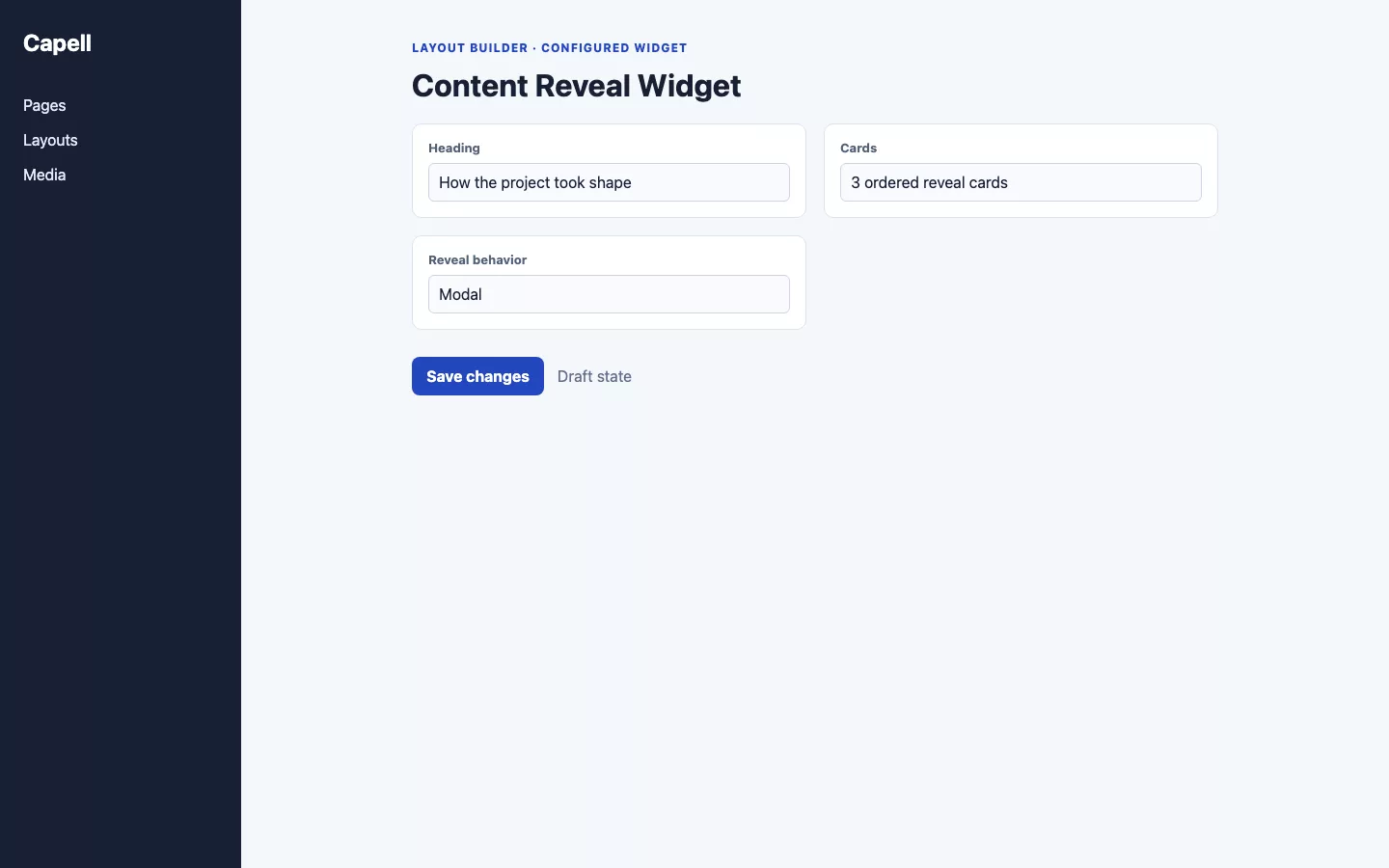 Content Reveal Widget screenshot showing content reveal fields in layout builder.