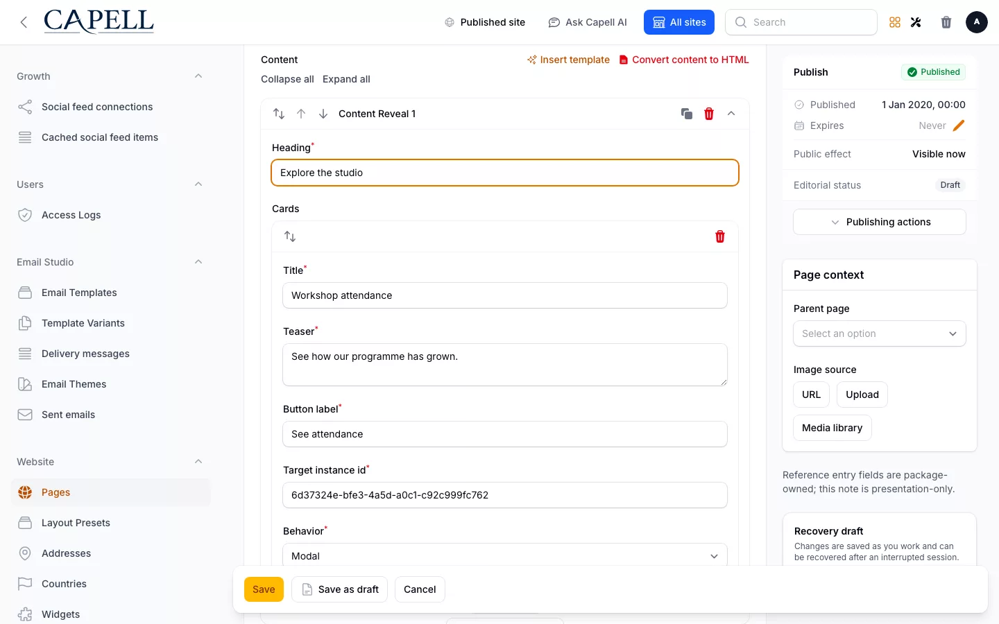 Content Reveal Widget screenshot showing content reveal fields in layout builder with admin sidebar menu open.