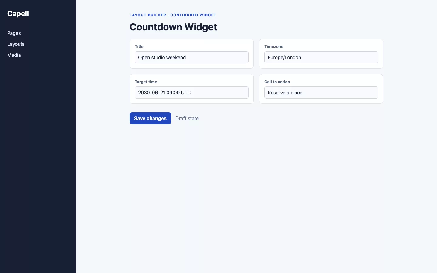 Countdown Widget screenshot showing countdown fields in layout builder.