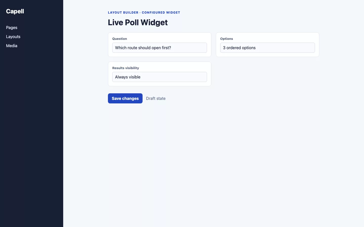 Live Poll Widget screenshot showing live poll fields in layout builder.
