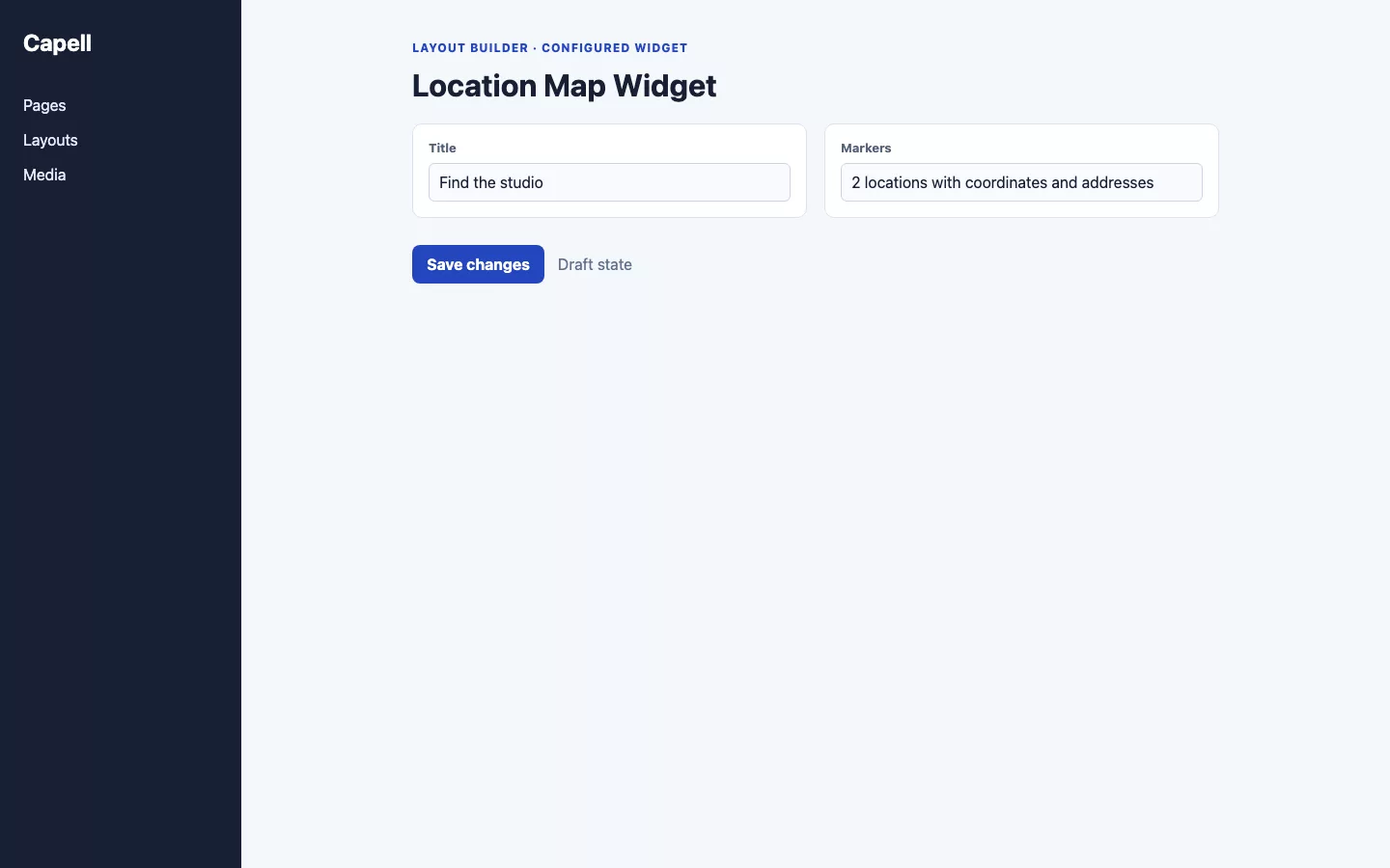 Location Map Widget screenshot showing location map fields in layout builder.