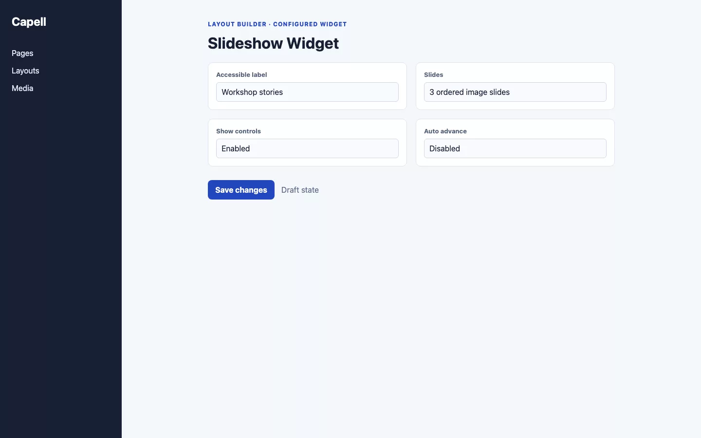 Slideshow Widget screenshot showing slideshow fields in layout builder.