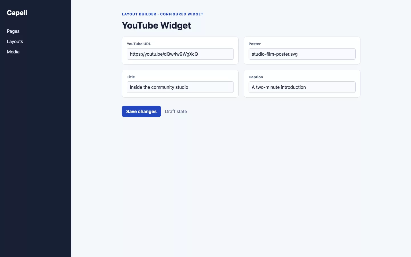 YouTube Widget screenshot showing youtube fields in layout builder.