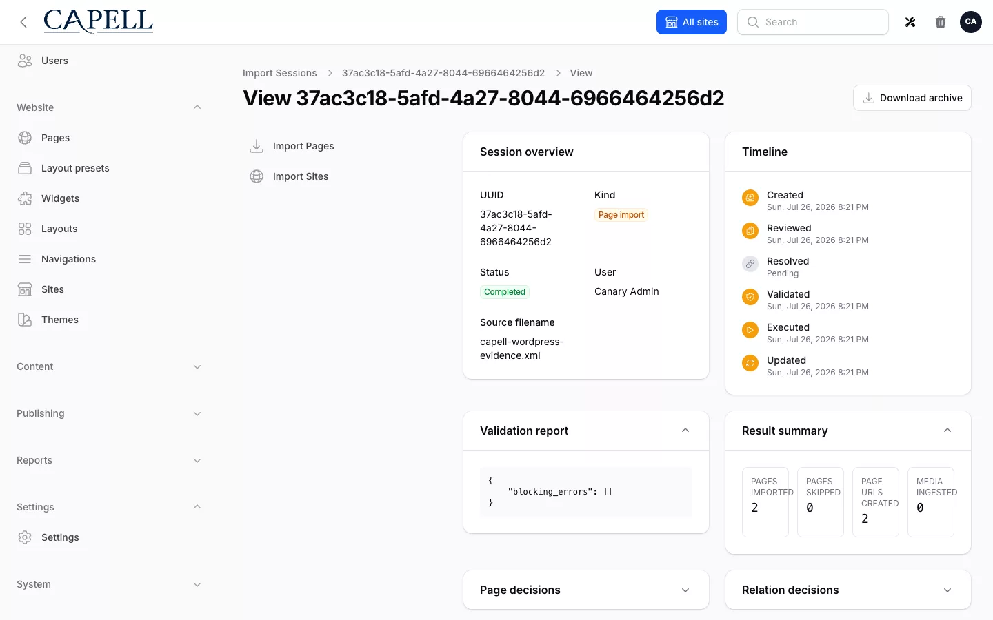 Completed WordPress WXR import session in Migration Assistant