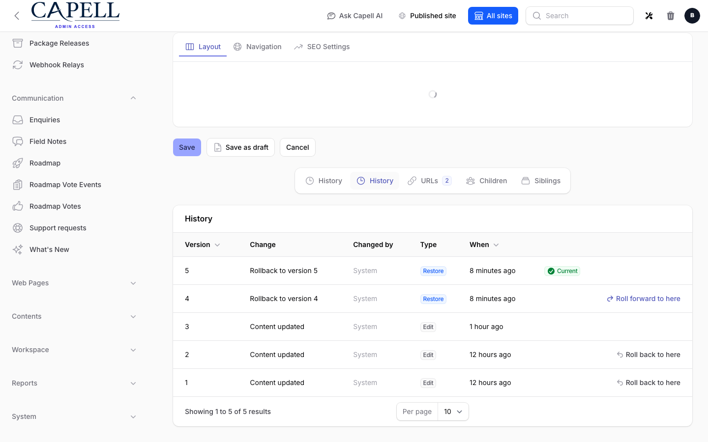 Page History Timeline screenshot.