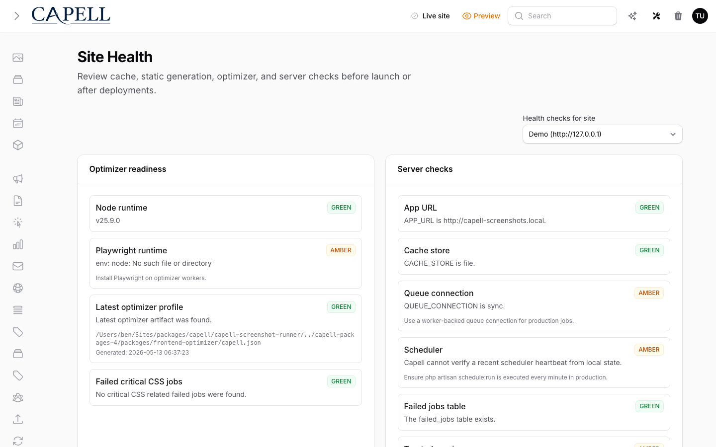 Site Health Page screenshot.
