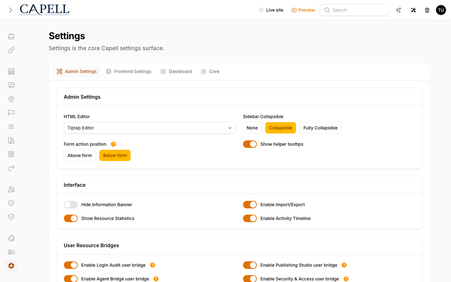 Core Settings Backed Configuration screenshot.
