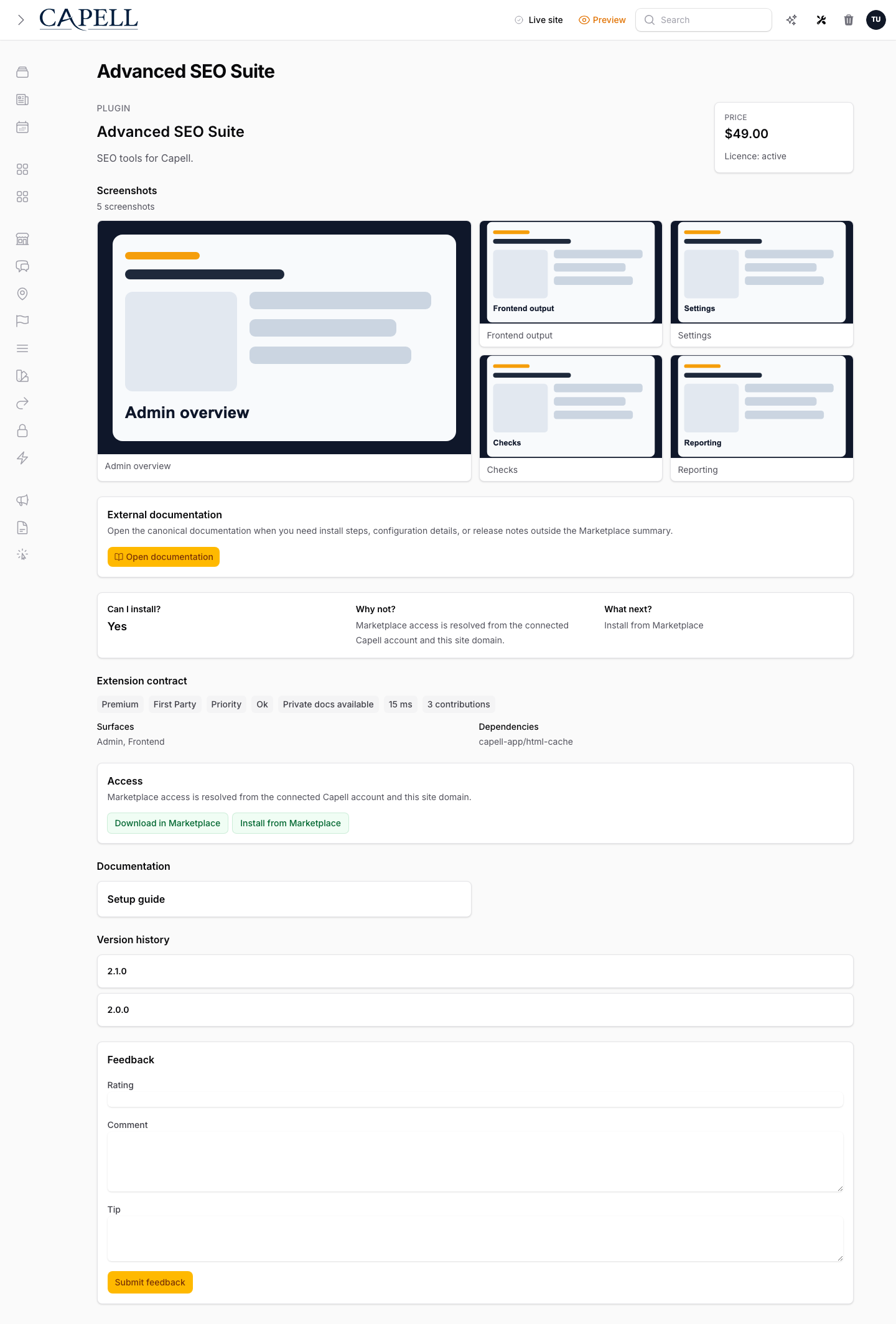 Marketplace Extension Detail Docs And Access screenshot.