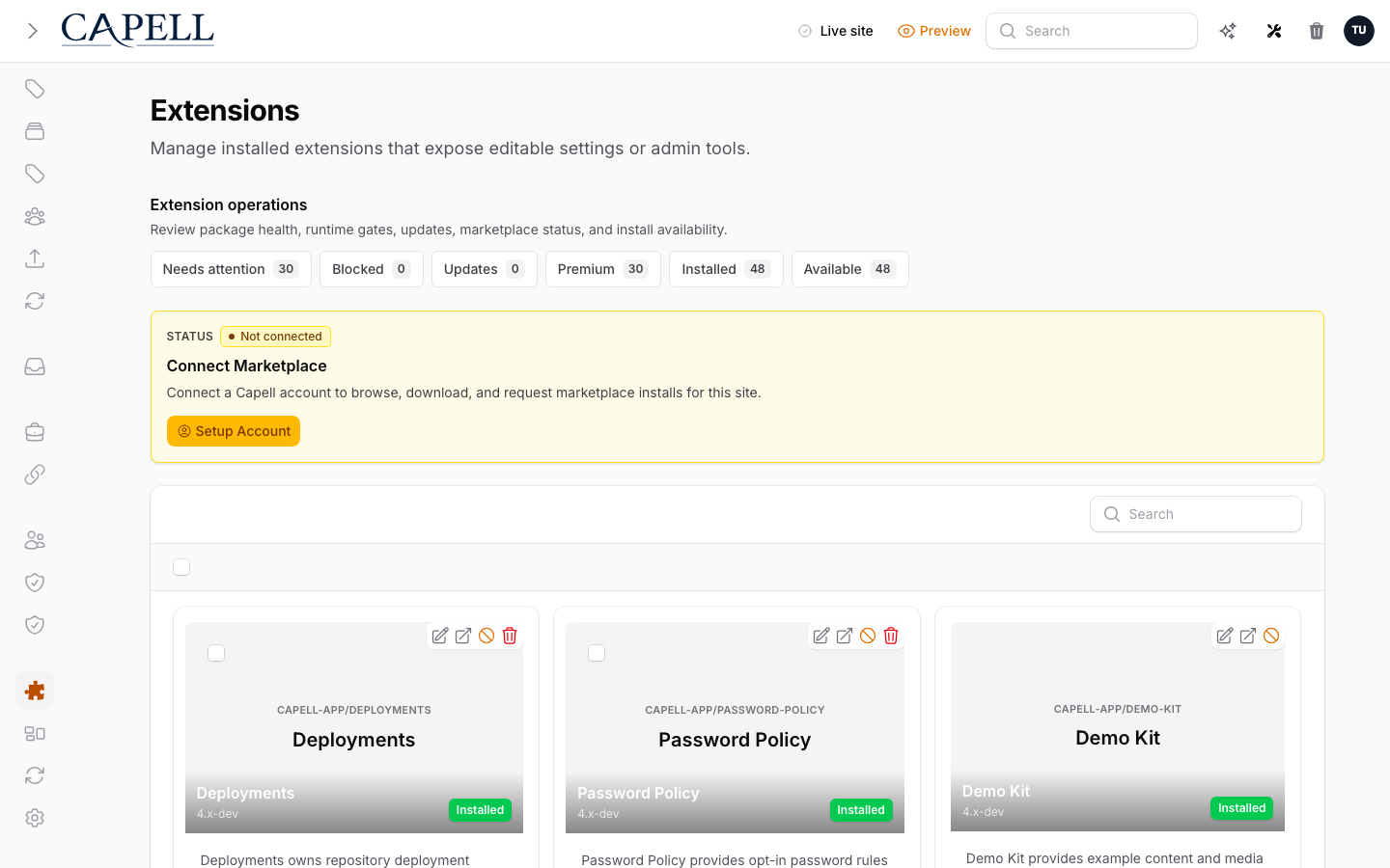 Marketplace Extensions Page screenshot.