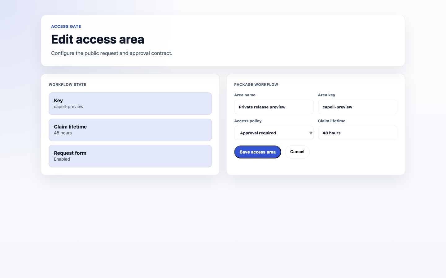 Illustrative access Gate access area form showing schedule, request, token, allowlist, and metadata settings.